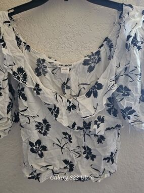 Billabong White Top with Black Floral Ruffle Neckline